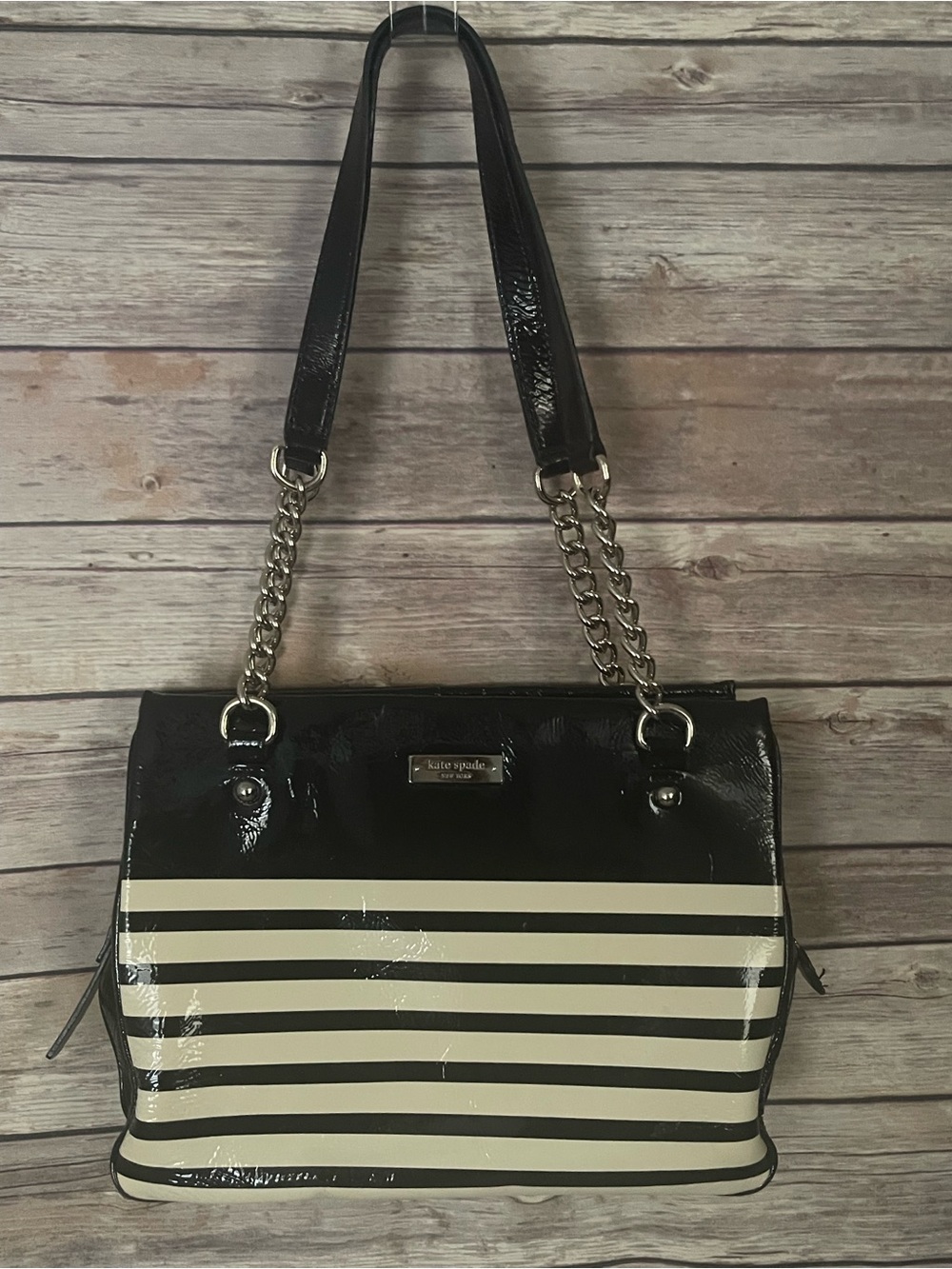 Kate Spade Cooper Square Darcy Black Cream Patent Leather Striped Shoulder Bag